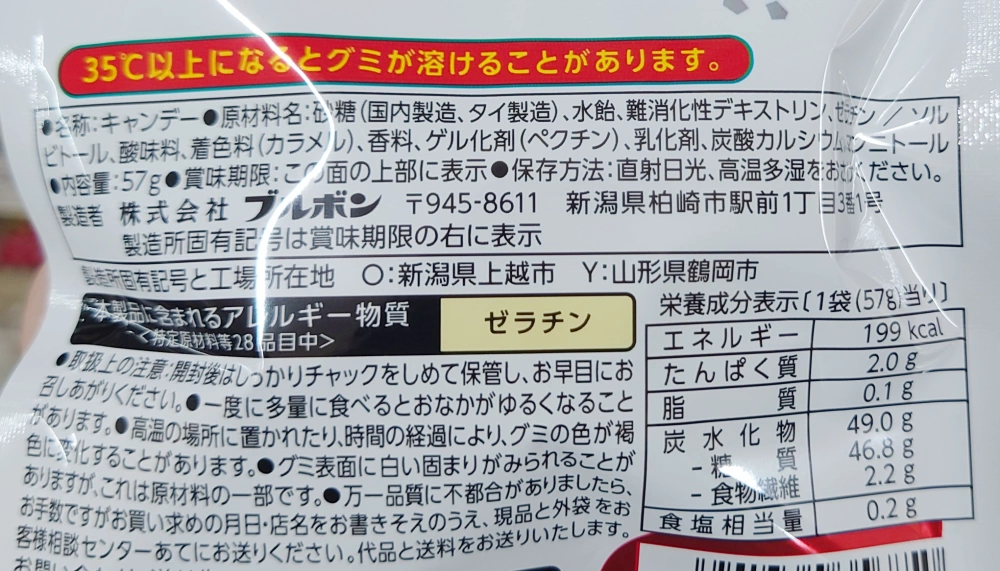 しゃりもにグミコーラ味,原材料,栄養成分表示,アレルギー